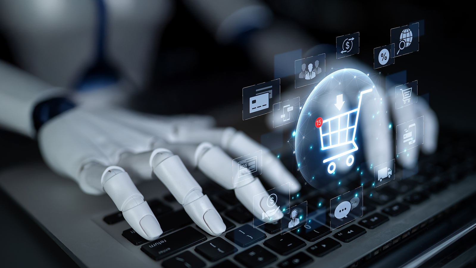 Holograma d eun carrito de la compra sobre un portátil