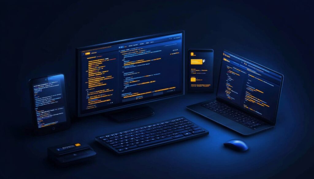 Varios ordenadores jutnos con código en la pantalla